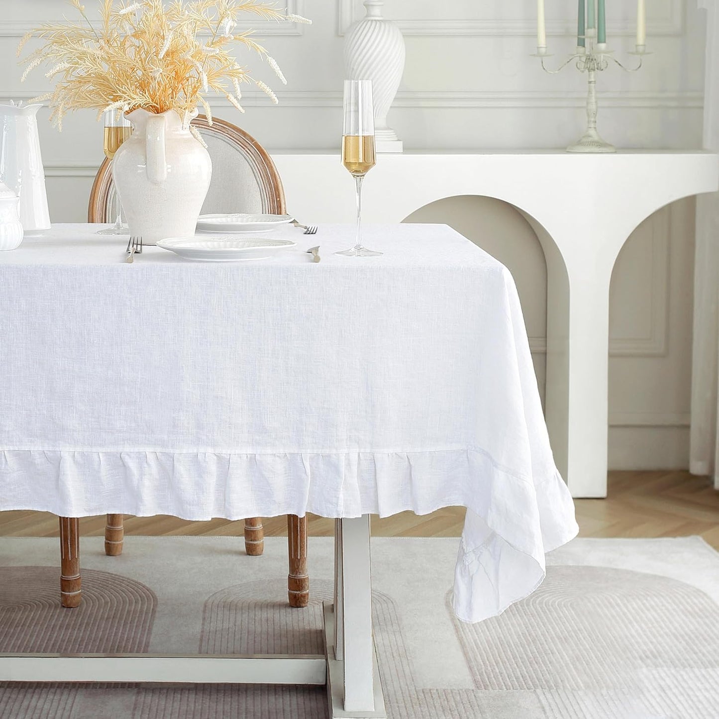 Linen World Ruffle Linen Tablecloth,100% French Linen White Tablecloth 90" x 60" Inch,Washable Rectangular Tablecloth for Dining,Outdoor,Weddings and Restaurants,Decorative Thanksgiving Christmas