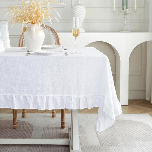 Linen World Ruffle Linen Tablecloth,100% French Linen White Tablecloth 90" x 60" Inch,Washable Rectangular Tablecloth for Dining,Outdoor,Weddings and Restaurants,Decorative Thanksgiving Christmas