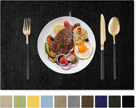 Romanstile Cloth Placemats Set of 4-12 x 18 Inch, Heat Resistant Double Layered Thickened Burlap Place Mats, Washable Faux Linen Farmhouse Table Mats for Kitchen/Dining/Party/Outdoor, Black