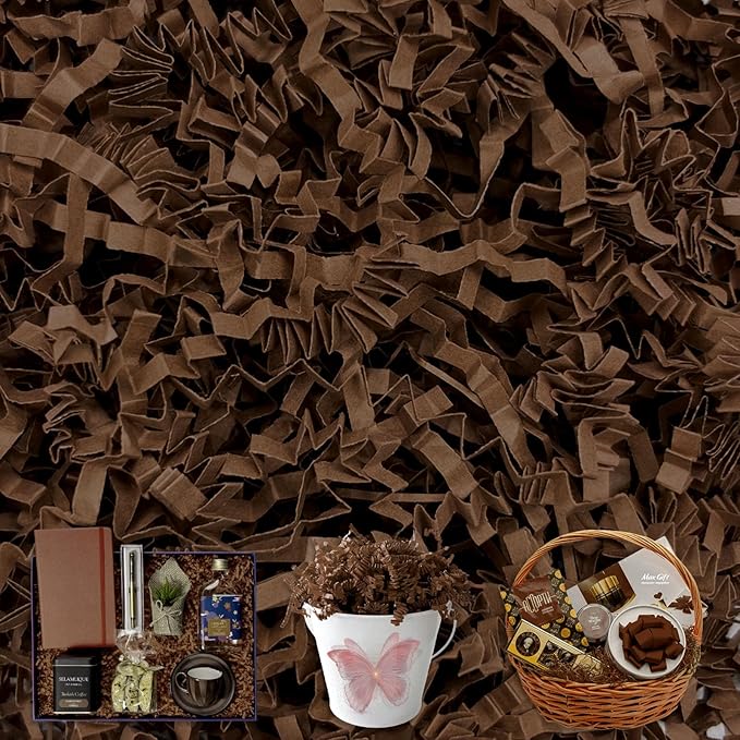 Tisspoms Light Coffee Crinkle Cut Paper Shred Filler, 2 LB Basket Filler Shredded Paper, Confetti Stuffing for Basket Filling, Halloween, Christmas, Birthdays, Gift Wrapping, Stuffer Party Supplies