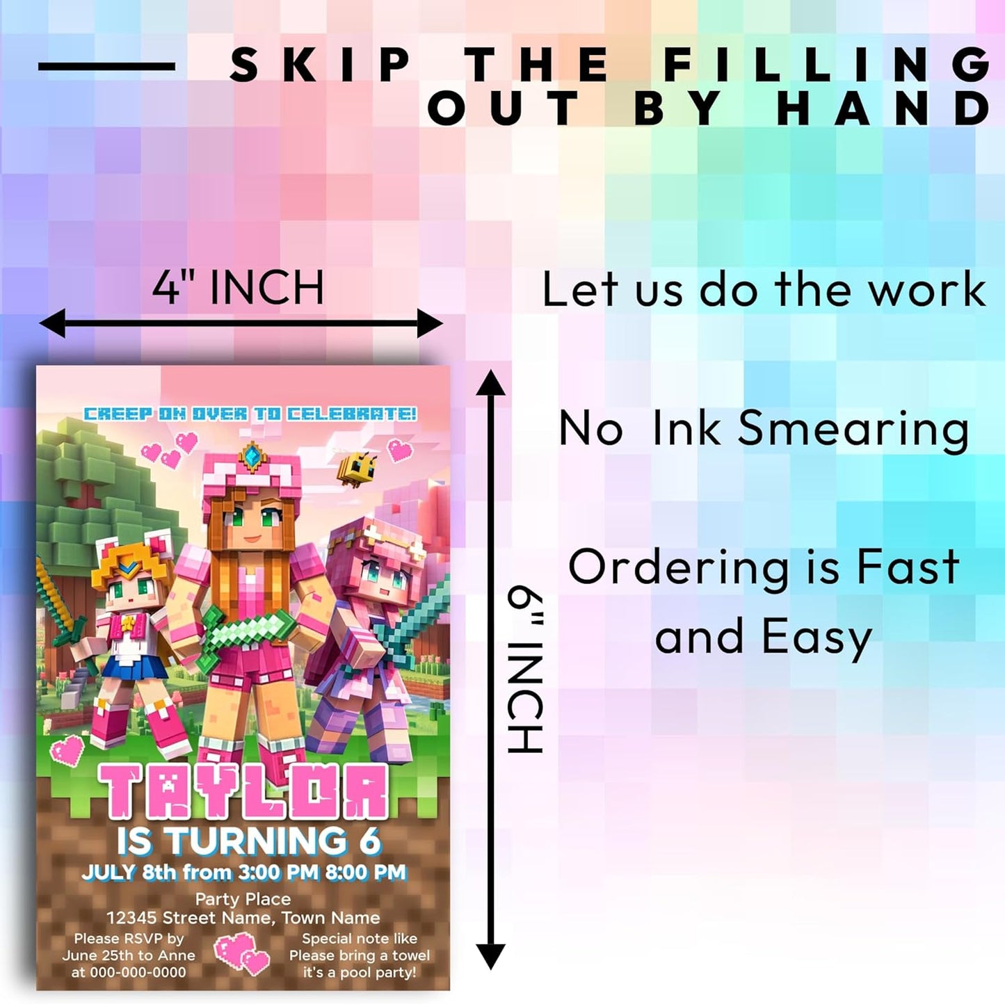 Fully Customizable minecraft Birthday Party Invitations, 4 x 6 inches, with Self-Sealing Envelopes, Gaming Theme Design, minecraft Birthday Invitations for Boys and Girls (Minecraft/Girls)