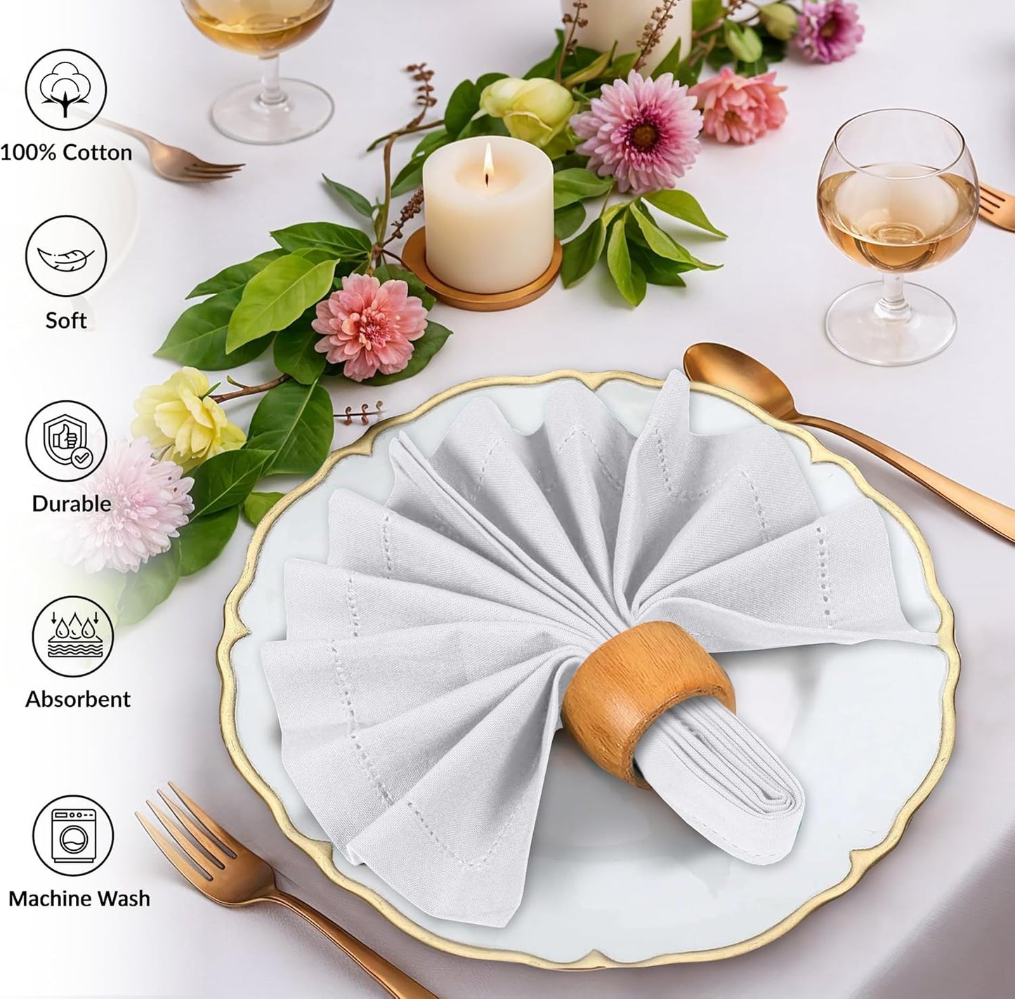 Ruvanti Cloth Napkins - 100% Cotton Dinner Napkins, Hem Stitched Corners, 18x18 Inch, 12 Pack - Soft, Absorbent, Durable, Reusable, Wrinkle Resistant for Formal Dining & Everyday Use - White