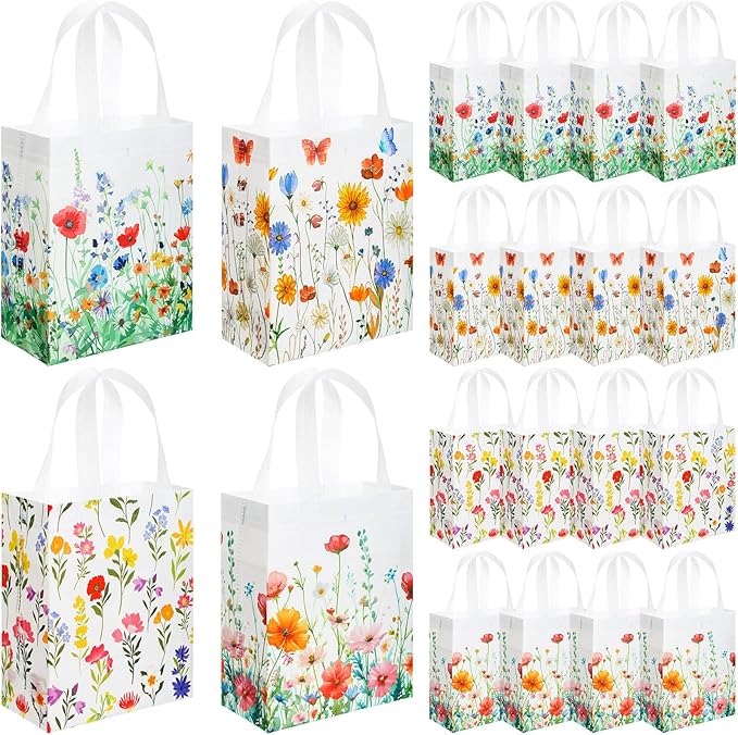 Wesnoy 24 Pcs Floral Gift Bags with Handle Wildflower Reusable Non Woven Tote Bags for Wedding Birthday Party Favor Supplies