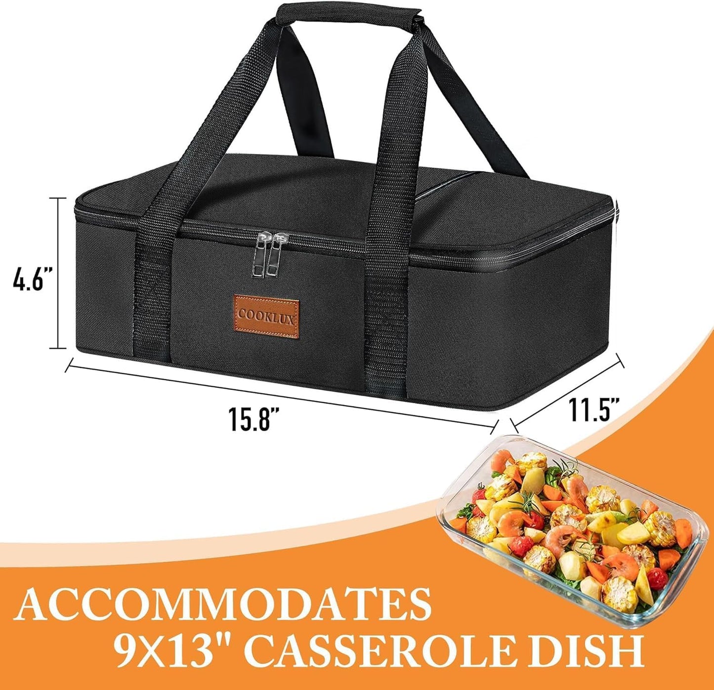 Insulated Casserole Carrier 9x13 Inch, Durable Nylon, Leak-Proof Casserole Dish Carrier, Casserole Carriers for Hot or Cold Food (Black)
