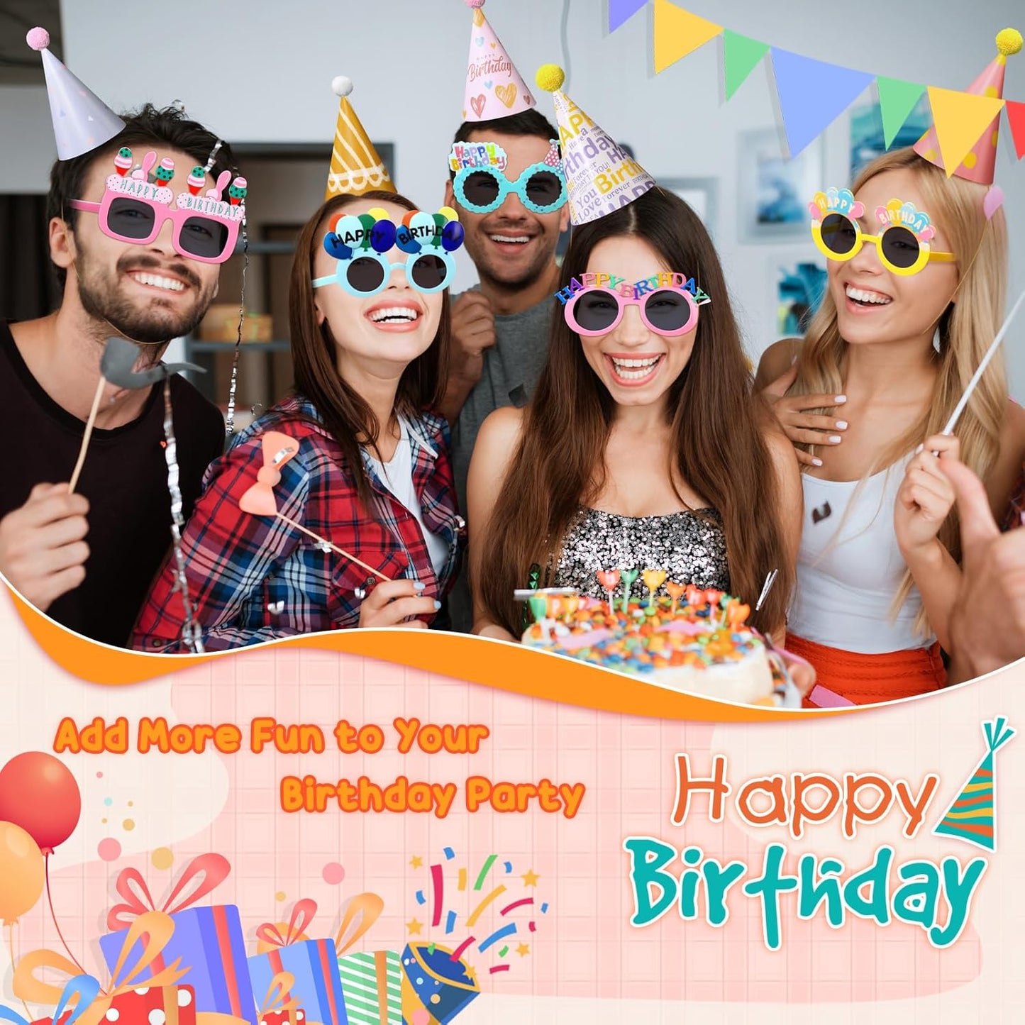 16 Pcs Birthday Party Hats Party Cone Hat with Pom Poms Birthday Glasses Photo Booth Props for Kids Adults (Delicate Style)