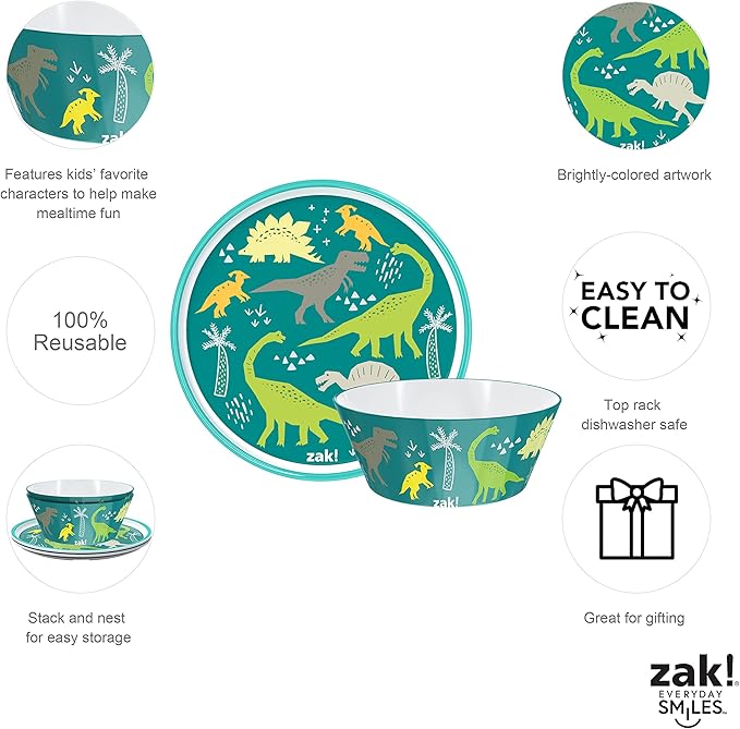 Zak Designs 5-Piece Dinnerware Set, Dinosaur - Durable Plastic & Stainless Steel - Includes Water Bottle, 8-Inch Plate, 6-Inch Bowl, Fork & Spoon - Suitable for Kids Ages 3+