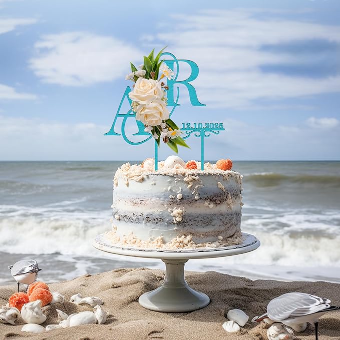 Personalized Wedding Cake Topper with 3D Artificial Flowers and Green Leaves Custom Initials Wooden Anniversary Cake Decoration