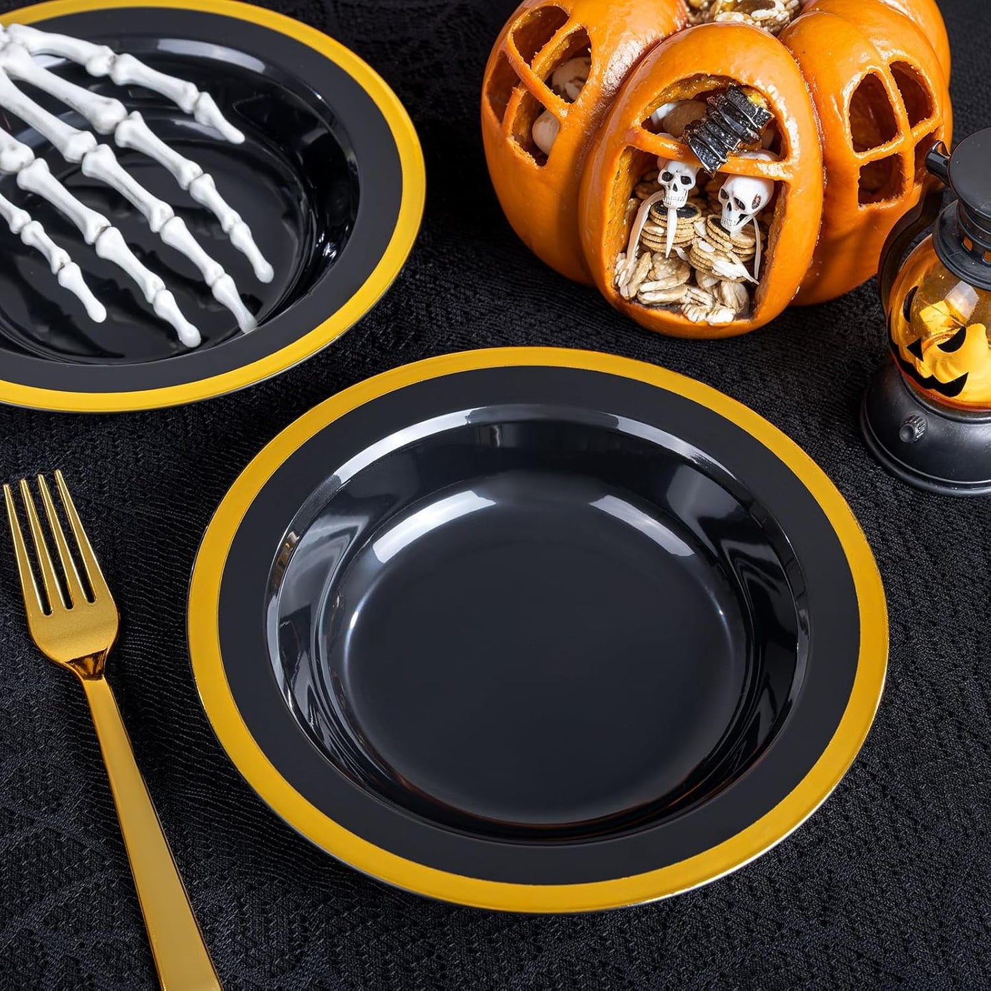 Liacere 60Pcs Black Plastic Bowls - Disposable Black and Gold Dessert Bowls - 12OZ Premium Plastic Soup Bowls for Wedding &Halloween