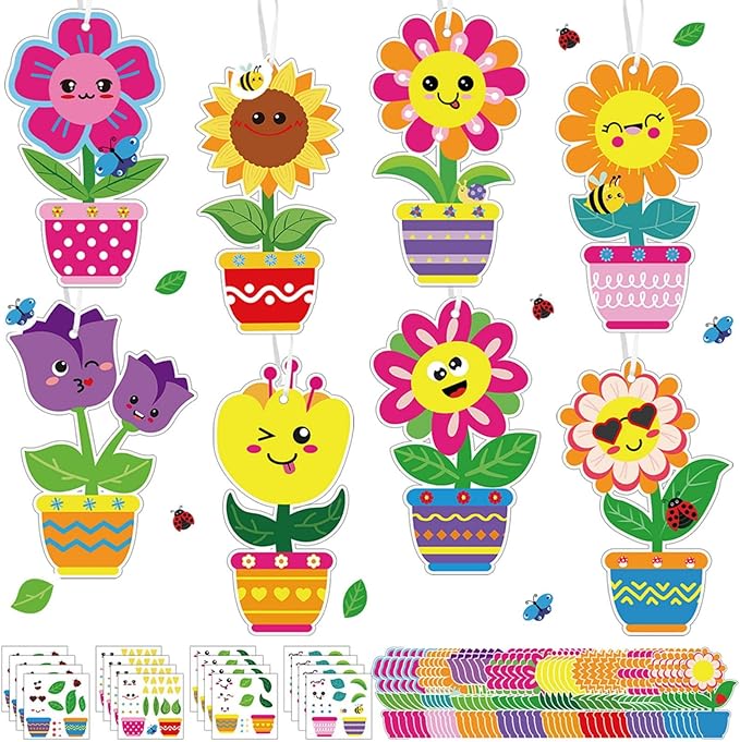 Frienda 48 Set Spring Flower Craft Kit for Kids Make Your Own Flowers Pot Craft DIY Floral Paper Flowers Hanging Ornament Decorations for Mother's Day Spring Gifts Classroom Birthday Party Favors