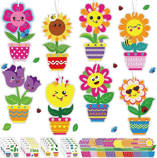 Frienda 48 Set Spring Flower Craft Kit for Kids Make Your Own Flowers Pot Craft DIY Floral Paper Flowers Hanging Ornament Decorations for Mother's Day Spring Gifts Classroom Birthday Party Favors