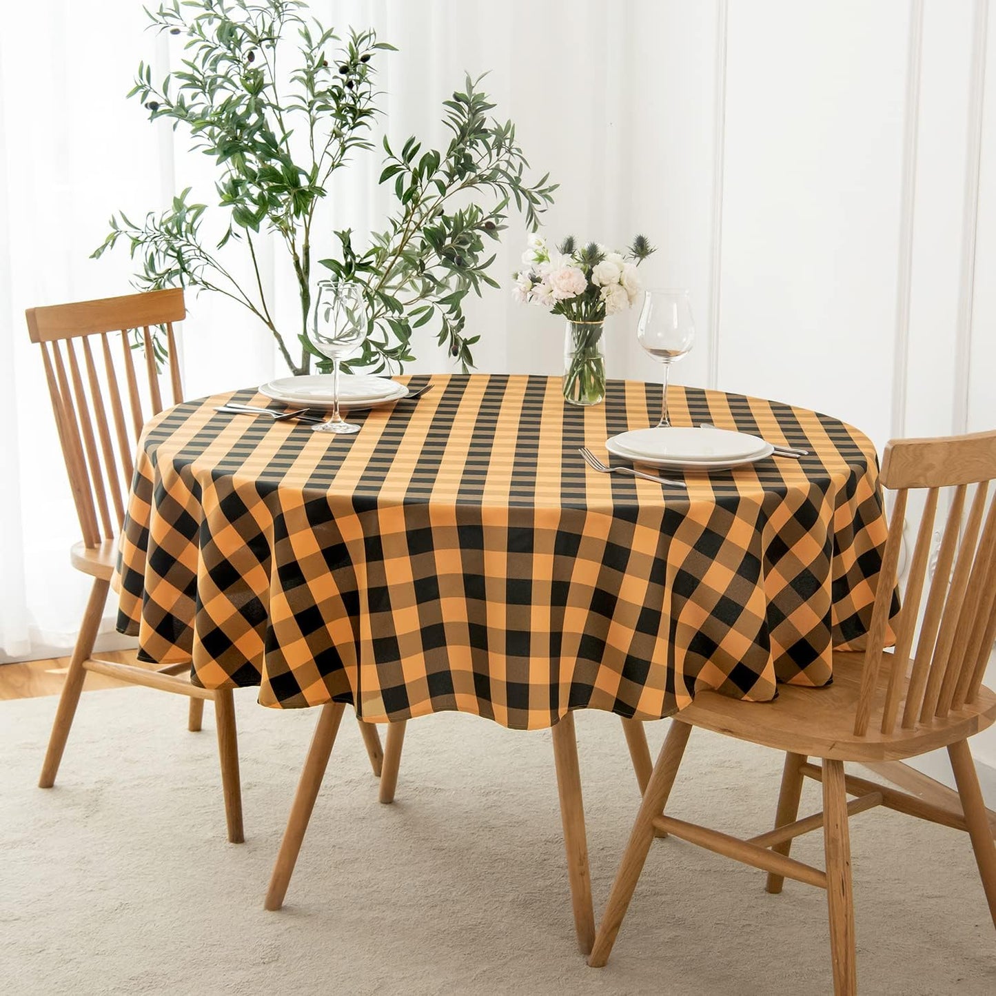 maxmill Round Checkered Tablecloth Spillproof Wrinkle Free Heavy Weight Gingham Table Cloth for Circular Table Cover Buffalo Plaid for Buffet Banquet Parties Holiday Dinner 70 Inch Black and Orange
