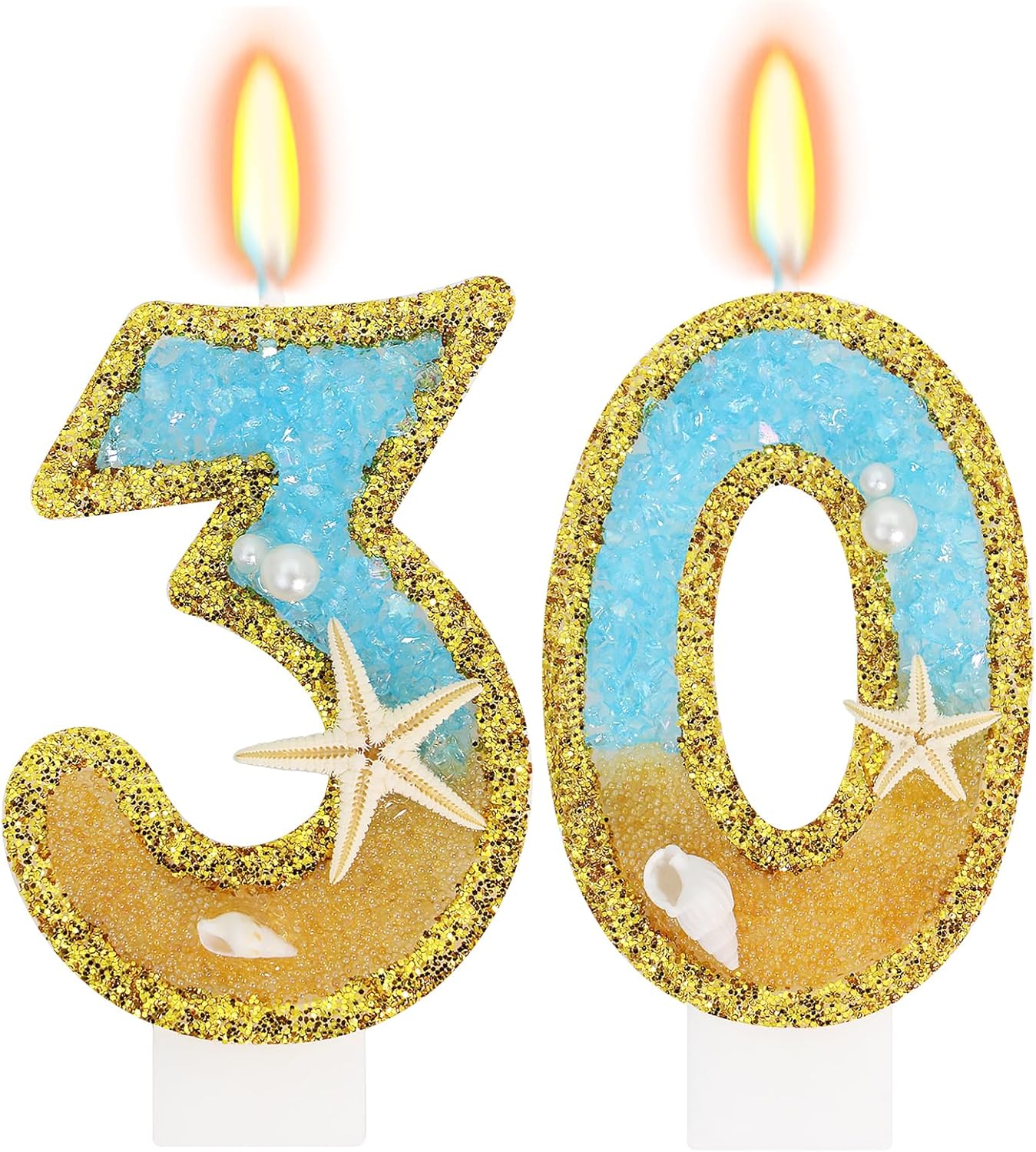 Ocean Number 30 Candle, Glitter Gold Beach Starfish Cake Topper, Tropical Ocean Princess Birthday Decorations for Party Supplies Wedding Anniversaries