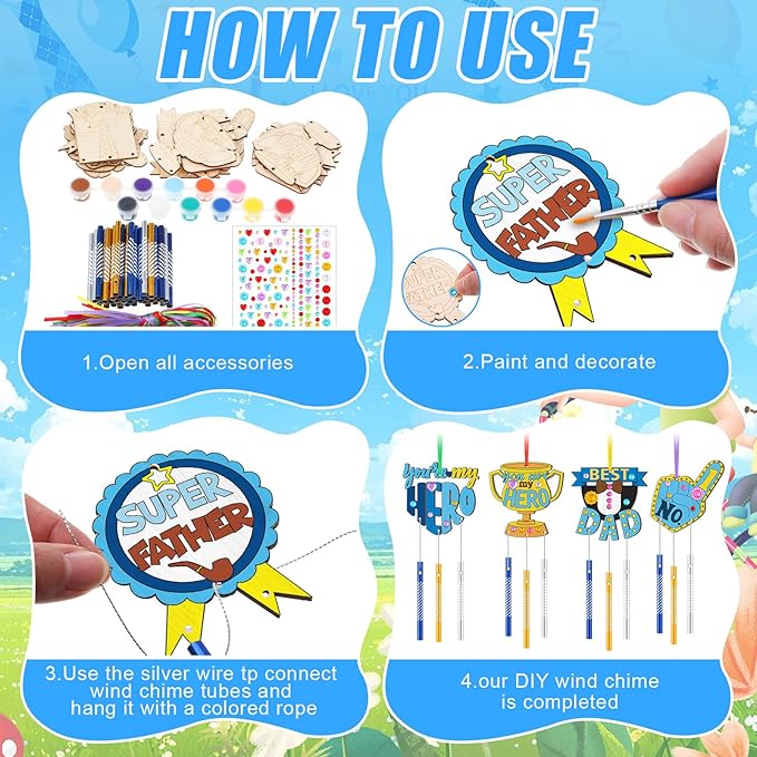 DoubleFill 30 Pack Father’s Day Wind Chime Craft Kit, DIY Paintable Wooden Wind Chimes with Tubes, Make Your Own Hanging Art Ornaments for Dad Birthday Gifts Party Decorations
