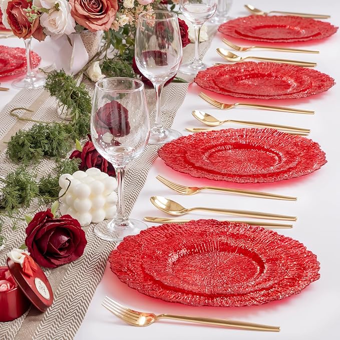 U-QE 60PCS Clear and Red Plastic Plates - Reef Plastic Plates Disposable&Reusable - Clear Red Plates Including 30 Plastic Dinner Plates 10" & 30 Plastic Dessert Plates 7" Perfect for Party & Wedding