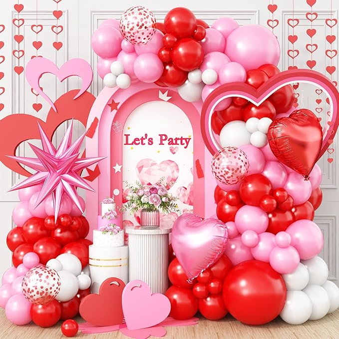Pink Balloon Garland Arch Kit,Red Pink White Balloon Garland with 18Inch Heart Balloons and 22Inch Star Balloons for Mother's Day Valentines Birthday Wedding Anniversary Party Decorations