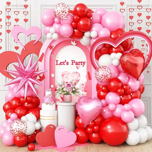 Pink Balloon Garland Arch Kit,Red Pink White Balloon Garland with 18Inch Heart Balloons and 22Inch Star Balloons for Mother's Day Valentines Birthday Wedding Anniversary Party Decorations