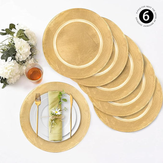 MAONAME Foil Gold Charger Plates Set of 6, 13" Plate Chargers for Dinner Plate, Plastic Round Chargers for Table Setting, Wedding Bulk