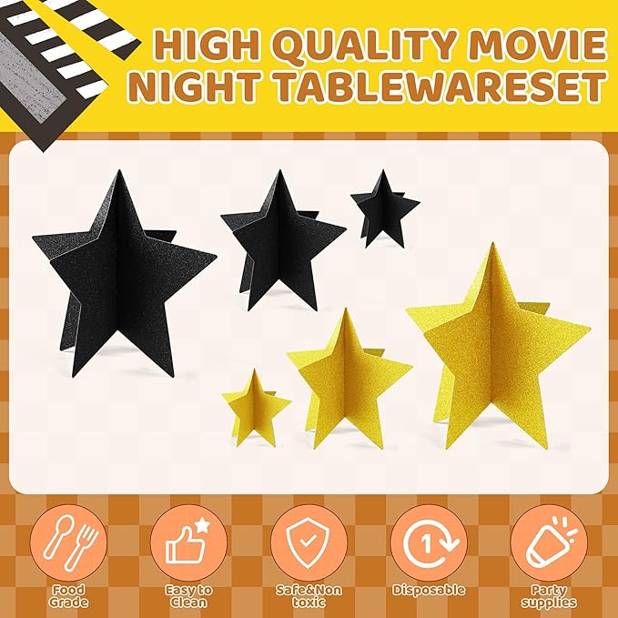 70 Pcs Black and Gold Star Centerpieces Black and Gold Party Birthday Decorations 3D 2025 Graduation Table Decor 3 Sizes 8" 5" 3" Red Carpet Film Show Theme Engagement Anniversary Supplies