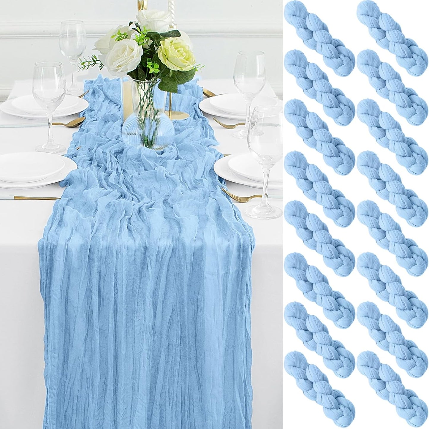 16Pack Light Blue Table Runner 10FT Cheesecloth Table Runner 35x120Inch Long Boho Gauze Cheese Cloth Table Runners Rustic Sheer Table Runners for Wedding Baby Shower Bridal Shower Decor