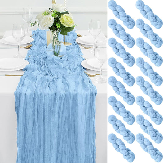 16Pack Light Blue Table Runner 10FT Cheesecloth Table Runner 35x120Inch Long Boho Gauze Cheese Cloth Table Runners Rustic Sheer Table Runners for Wedding Baby Shower Bridal Shower Decor