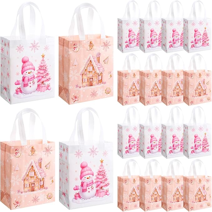 Wovnet 30 Pcs Pink Christmas Gift Bags Bulk Snowman Winter Goodie Bags with Handles Xmas Reusable Non Woven Treat Tote Shopping Merchandise Pouch for Gift Wrapping Party Favors 10 x 8 x 4in