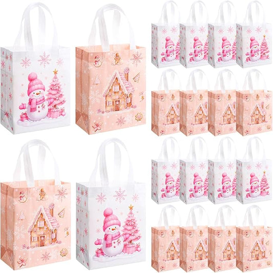 Wovnet 30 Pcs Pink Christmas Gift Bags Bulk Snowman Winter Goodie Bags with Handles Xmas Reusable Non Woven Treat Tote Shopping Merchandise Pouch for Gift Wrapping Party Favors 10 x 8 x 4in