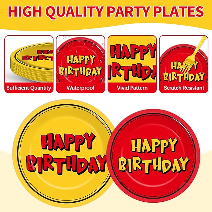 96PCS Cartoon Animation Birthday Paper Plates and Napkins for Cartoon Happy Birthday Party Decorations Red and Yellow Cartoons Animation Dinnerware Set for Boys Girls Kids Party Supplies Serve 24
