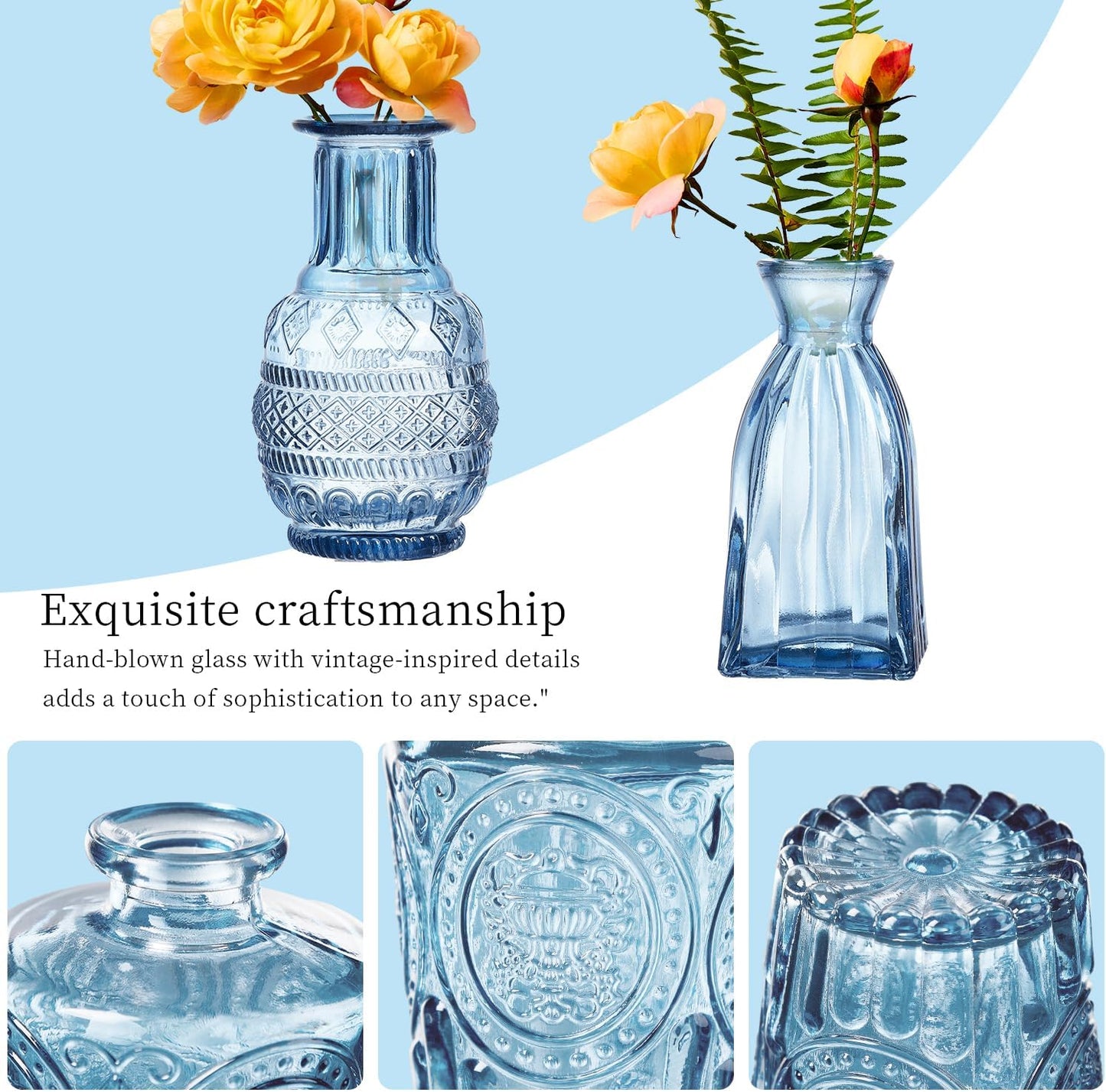 Glass Bud Vases Set of 16 - Blue Assorted Small Mini Glass Vases for Flowers, Crystal Vintage Vase Set, Bulk Centerpieces for Table Décor, Wedding, Home and Events (Blue, 16 Pcs)