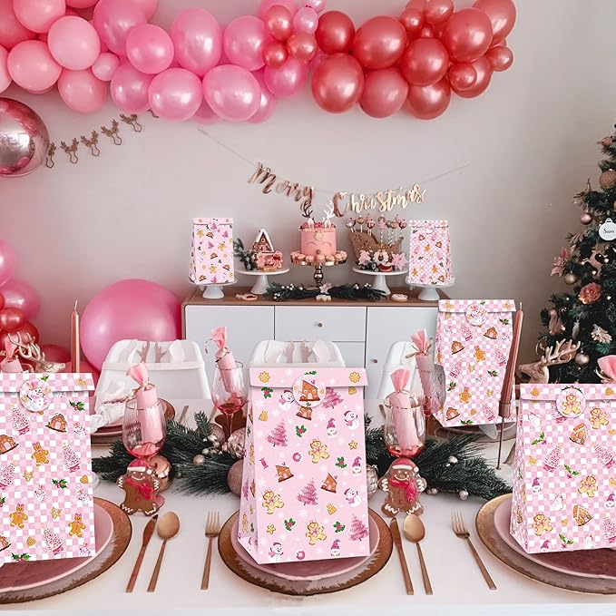 Inshinern 12 Pcs Pink Christmas Tree Party Favor Bags Small Christmas Gift Bags with Stickers Snowman Candy Cane Bag for Gingerbread Man Theme Birthday Baby Shower Decorations, Xmas Party Supplies