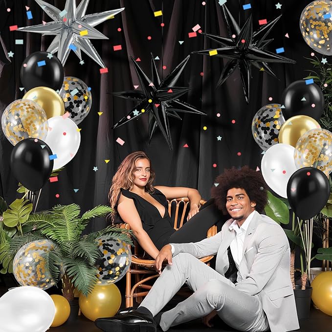 Black Gold Confetti Balloons, 12 Inch Black and Gold Balloons with Ribbons Party Decorations for Graduation Birthday Wedding Prom Engagement New Years Bridal Shower Bachelorette Cocktail Party
