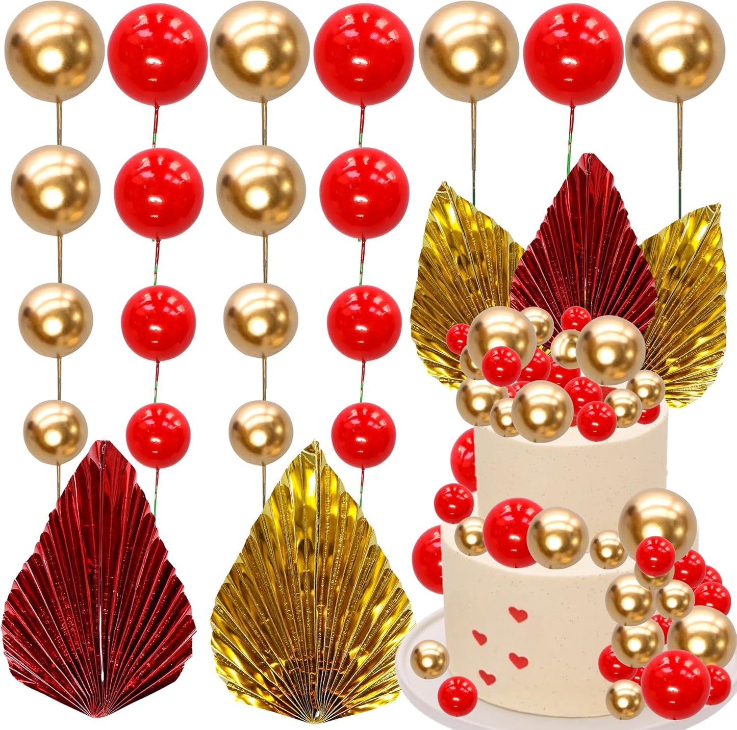 Ephlyn 28Pcs Paper Palm Fan Cake Topper Balls Cake Pick for Baby Shower Wedding Bridal Shower Birthday Party Cake Decorations Supplies Gold Red