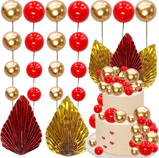 Ephlyn 28Pcs Paper Palm Fan Cake Topper Balls Cake Pick for Baby Shower Wedding Bridal Shower Birthday Party Cake Decorations Supplies Gold Red