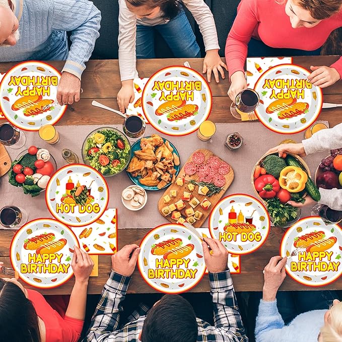 96Pcs Hot Theme Dog Birthday Party Paper Plates and Napkins for Fast Food Themed Party Supplies Hot Dog Themed Paper Dessert Plates Picnic BBQ Tableware Set for 24 Guests Birthday Party Decorations