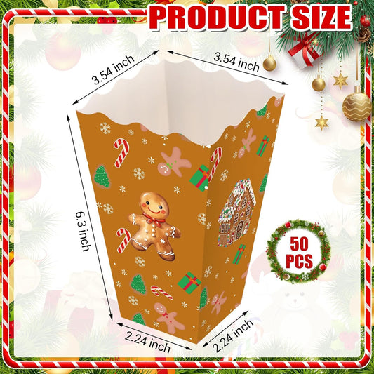 Faccito 50 Pcs Christmas Popcorn Boxes Brown Gingerbread Popcorn Boxes Christmas Paper Snow House Buckets Snack Containers Holiday Case for Xmas Party Gingerbread House Party Favors Supplies