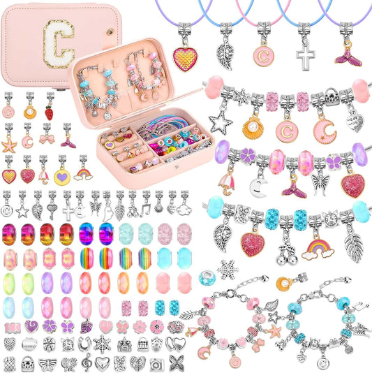 Billbotk 140 PCS Charm Bracelet Making Kit Cute Charm Beads for Jewelry Making DIY Bracelet Craft Kit for Valentine Christmas Birthday Gifts with Portable Bracelet Box
