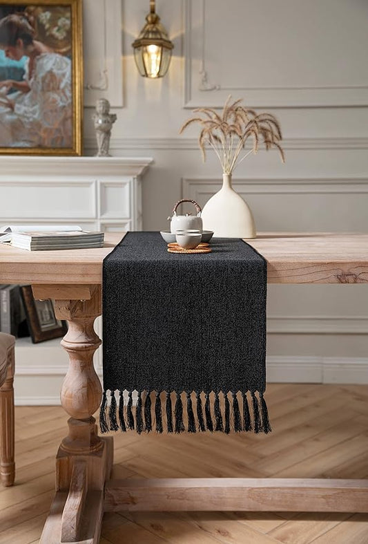 ZeeMart Black Table Runners 108 Inches Long, Burlap Linen Style Rustic Farmhouse Table Runner, Long Boho Dining Table Runner, 13x108 Inches, Black