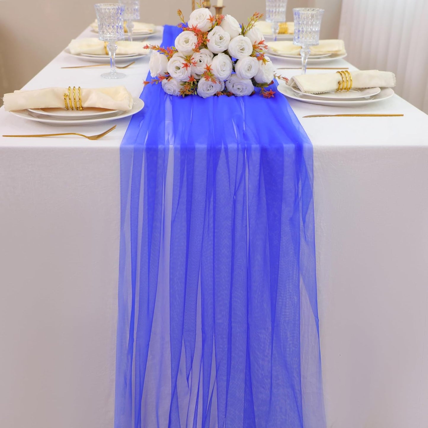 Snowkingdom Royal Blue Table Runner, 10FT Blue Tulle Rustic Gauze Cheesecloth Table Decorations, Long Boho Rustic Tulle Fabric Runners for Christmas Wedding Baby Shower Birthday Party Home Decor