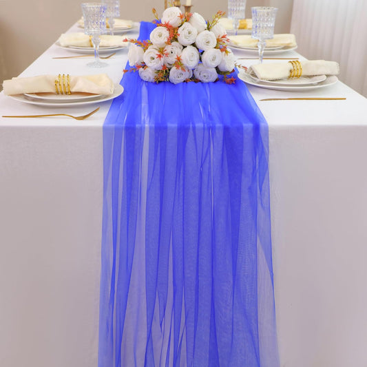 Snowkingdom Royal Blue Table Runner, 10FT Blue Tulle Rustic Gauze Cheesecloth Table Decorations, Long Boho Rustic Tulle Fabric Runners for Christmas Wedding Baby Shower Birthday Party Home Decor