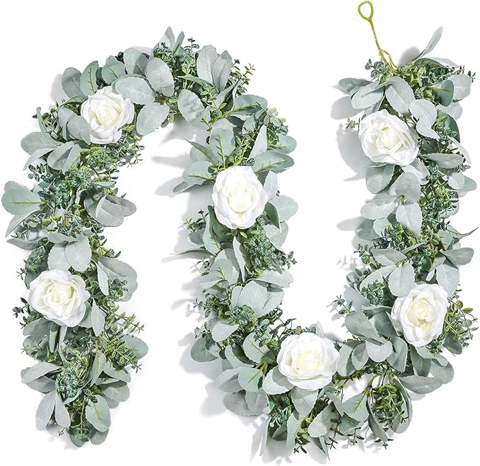 Miracliy 6 Ft Eucalyptus Garland with Flowers, Lambs Ear Greenery White Roses Flower Garland Fake Vines for Wedding Boho Table Mantle Backdrop Party Farmhouse Home Decor
