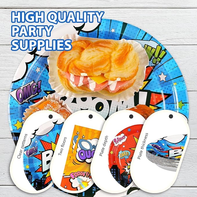 Grencian 200Pcs Super Theme Hero Party Decorations Colorful Super Theme Hero Plates and Napkins Disposable Heros Action Paper Tableware Set for Boys Birthday Baby Shower Party Supplies, Serves 50