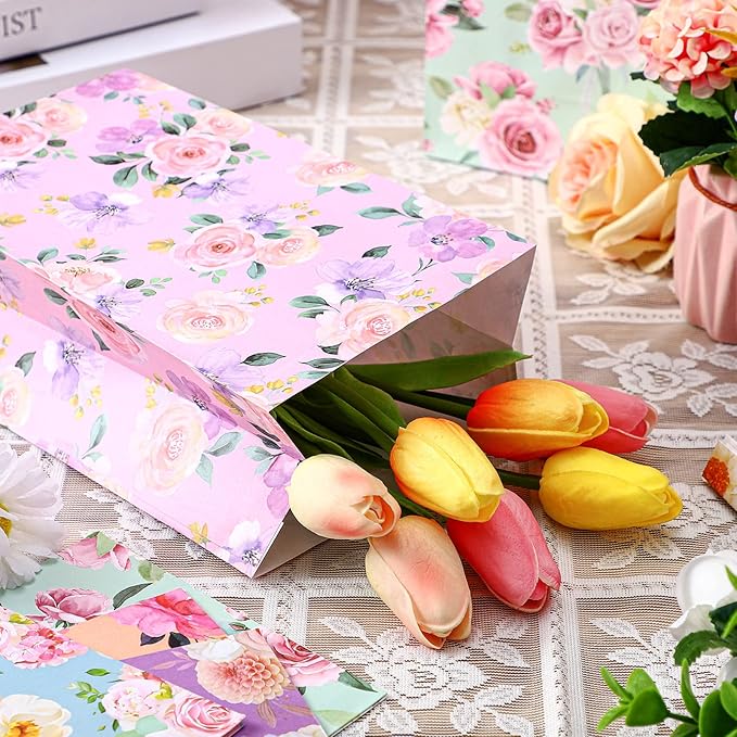 Panelee 24 Pcs Floral Gift Bags Pastel Small Tea Party Favors Flowers Paper Lunch Bag Bulk 8.7x4.7x3 in Goodie Candy Treat Pouches for Wedding Bridal Shower Birthday Mother's Day Decoration