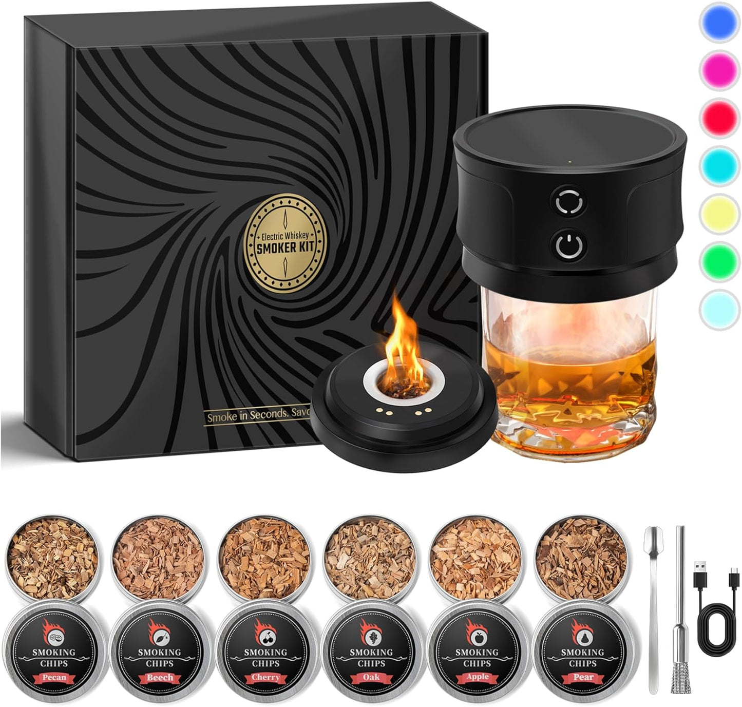 Electric Whiskey Smoker Kit with Lights: Cocktail Infuser with 6 Wood Chips for Whiskey Bourbon Lovers - Old Fashioned Drink Smoker Kits for Drink Mixing Home Bar Party - Christmas Gifts for Dad Men