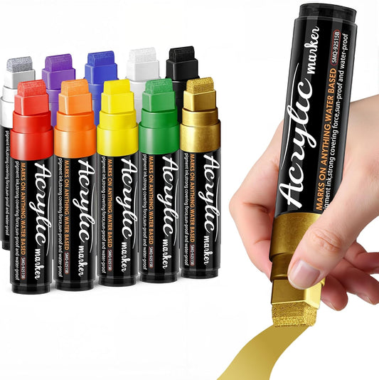 Acrylic Paint Markers, 10 Colors Poster Markers Jumbo 16mm Wide Tip Permanent Ink 36g, Thick Acrylic paint pens for Fabric, Poster, Glass, Rock Painting, Stone, Wood, Car, Ceramic