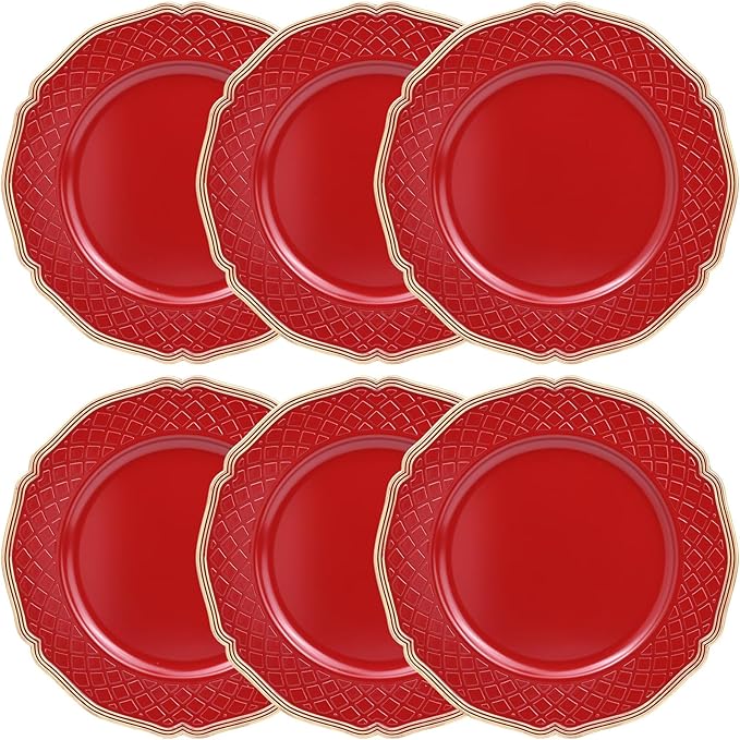 Red Scallop Charger Plates, Set of 6 Plastic Wedding Bulk Plate Charges for Dinner Plates, Table Decoration, Holiday, Thanksgiving, Christmas.