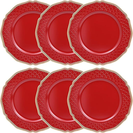 Red Scallop Charger Plates, Set of 6 Plastic Wedding Bulk Plate Charges for Dinner Plates, Table Decoration, Holiday, Thanksgiving, Christmas.