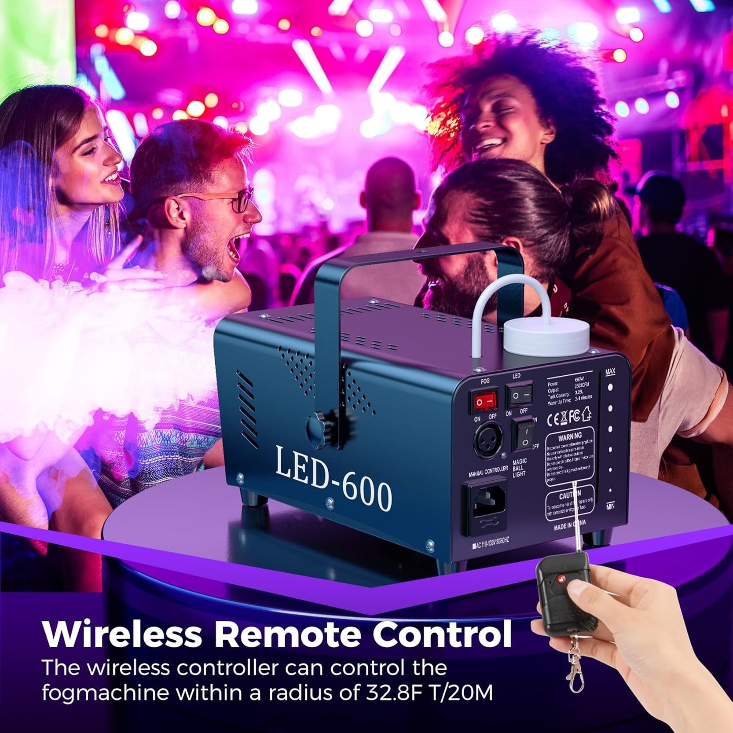 Fog Machine Smoke Machine, 18 LED Lights with 13 Colors, 600W and 2500CFM Fog, Wireless&Wired Remote control, Perfect for Wedding, Halloween, Party and Stage Effect (BLACK)