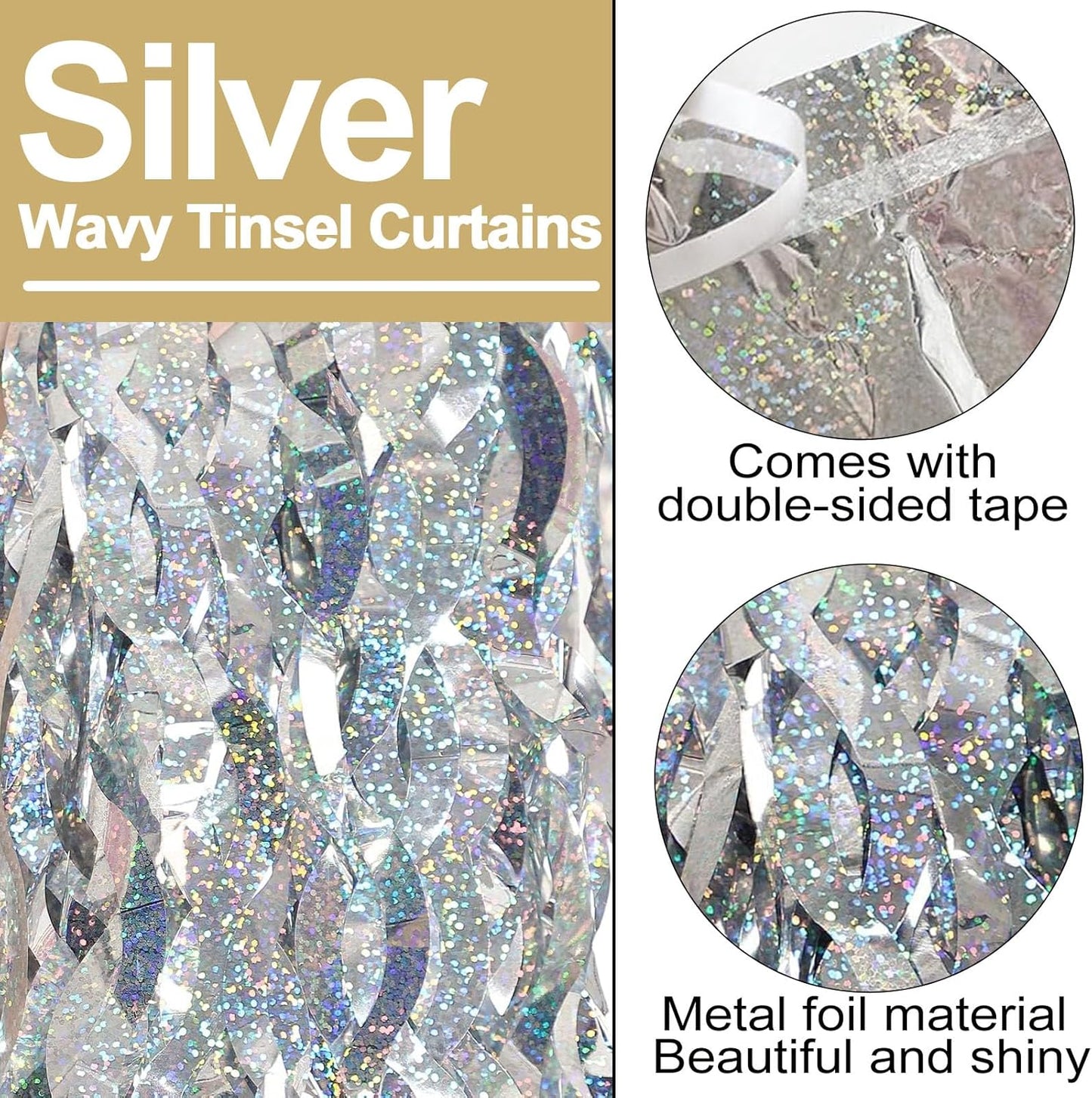 4 Pack Silver Fringe Curtain Backdrop 3.2Ft x 8.2Ft Metallic Tinsel Foil Fringe Streamers Background for Photo Booth, Easter, Mother's Day, Bachelorette, Wedding, Birthday Party Decoration