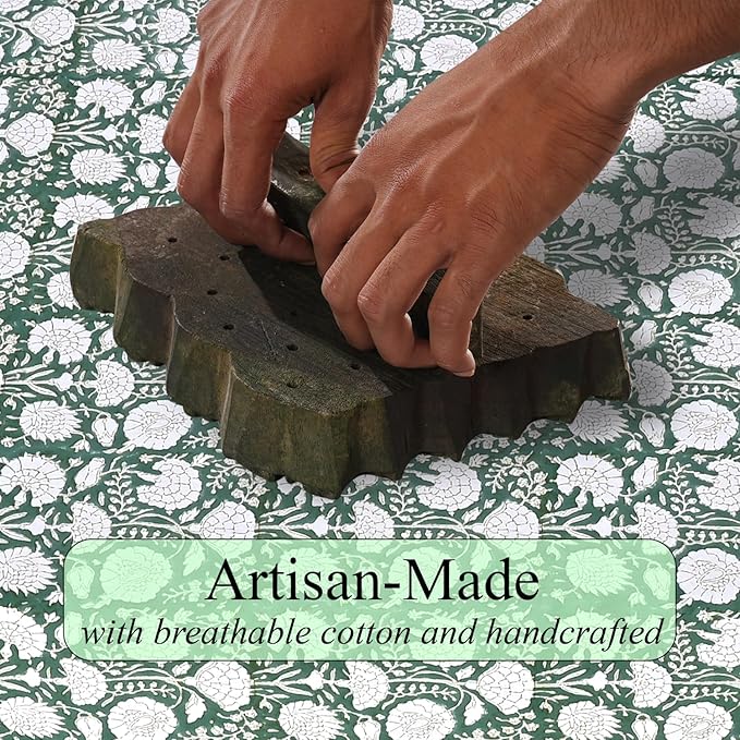 Ridhi Hand Block Print Turquoise Moss Green Rectangle Cotton Tablecloth 190" x 72" Reusable Table Cover Decorative Everyday Use for Dining, Farmhouse, Home Gift for Spring, Easter, Valentine