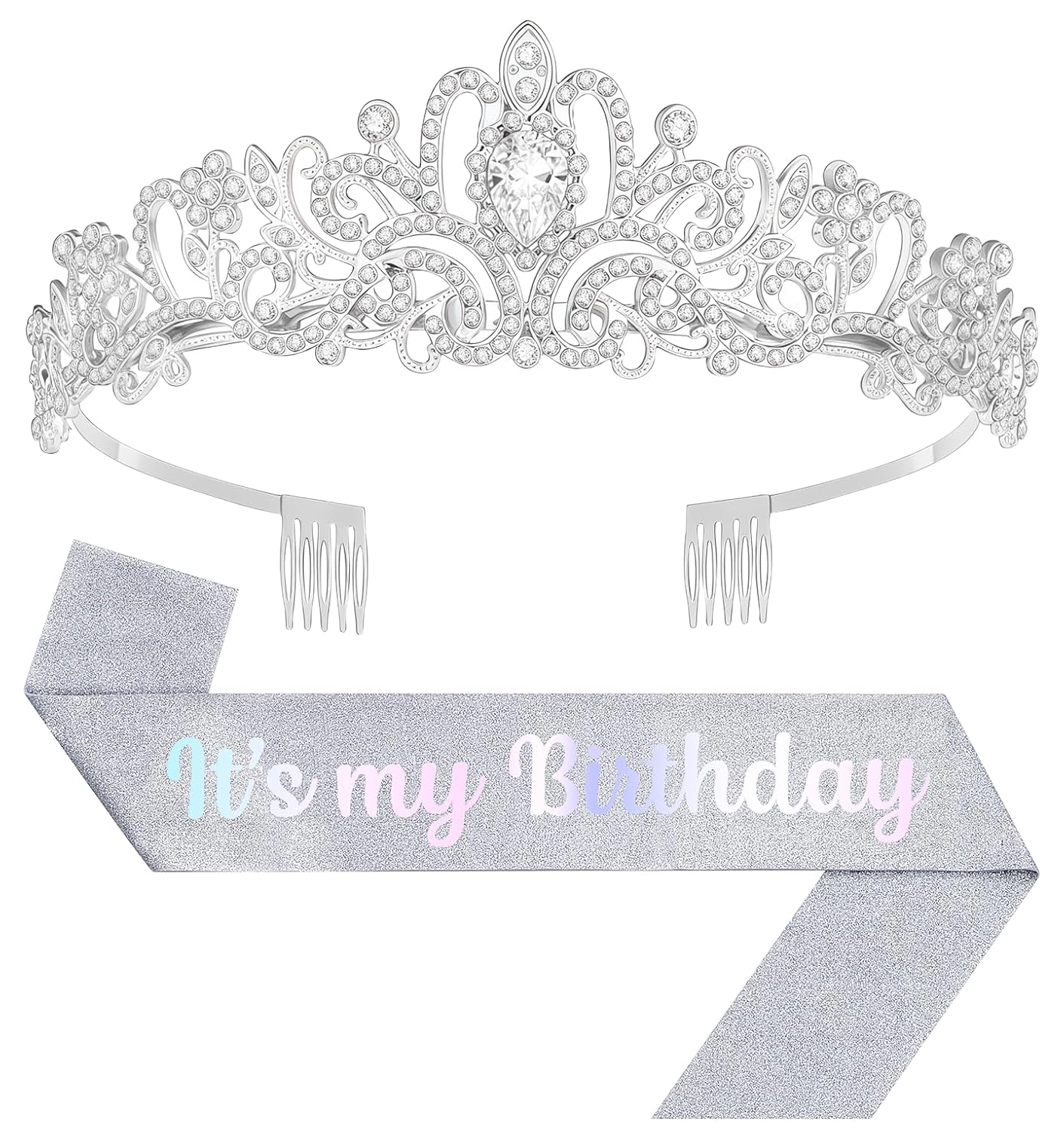 Birthday Tiara and Crown with Sash, Birthday Tiara for Women Party (Silver)