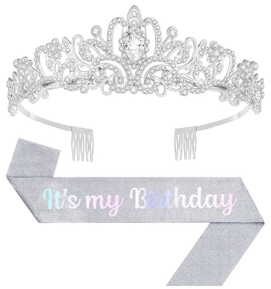 Birthday Tiara and Crown with Sash, Birthday Tiara for Women Party (Silver)